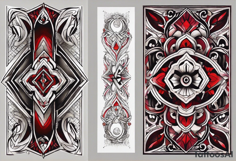 semi Detailed neo traditional knee tattoo on paper. The tattoo features geometric patterns and bold lines, creating a visually striking design with slight tints of deep red. tattoo idea