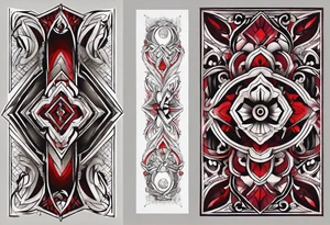 semi Detailed neo traditional knee tattoo on paper. The tattoo features geometric patterns and bold lines, creating a visually striking design with slight tints of deep red. tattoo idea