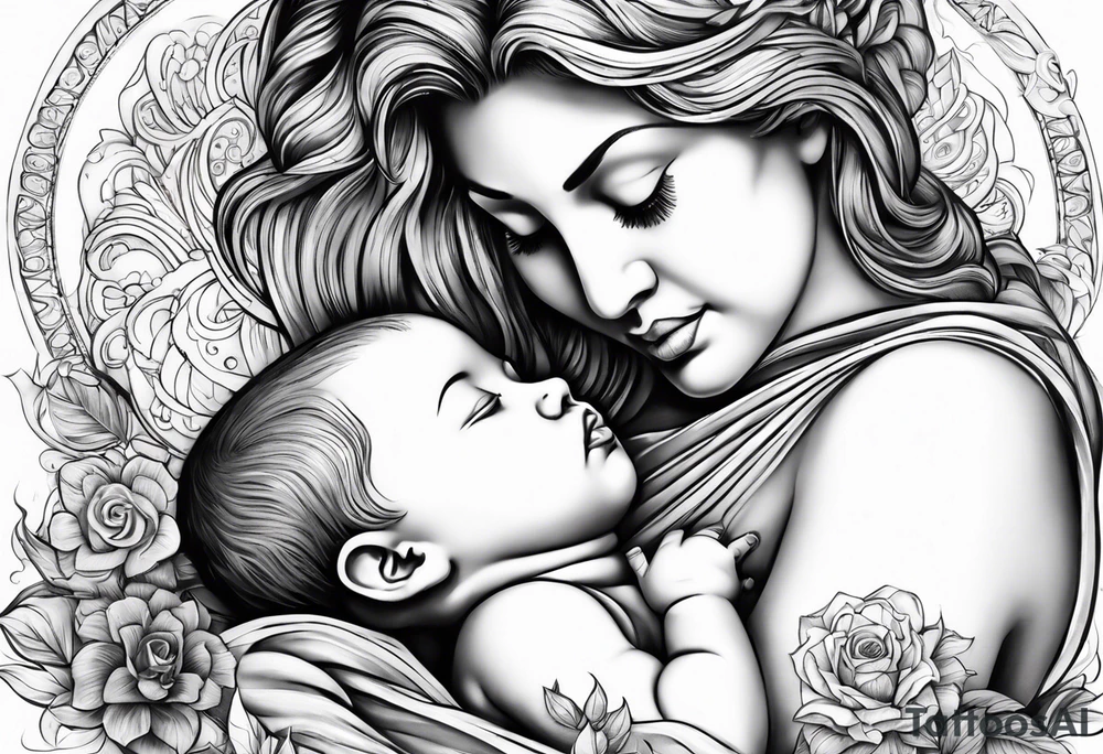 chest tattoo : 
mom and baby son statue tattoo idea