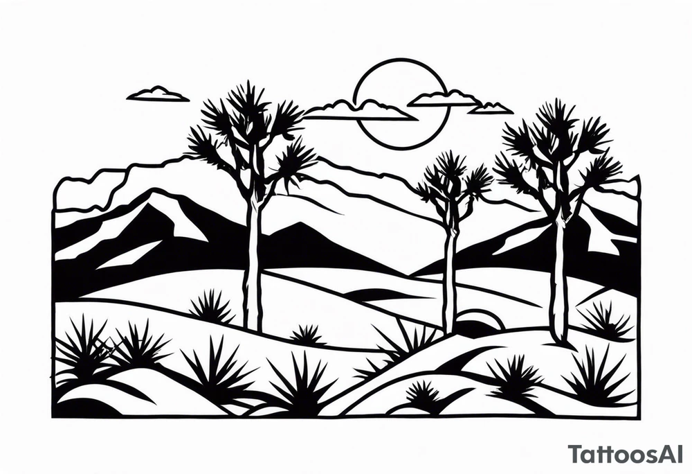 A dessert with joshua trees transitioning to pine trees and mountains tattoo idea