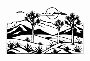 A dessert with joshua trees transitioning to pine trees and mountains tattoo idea