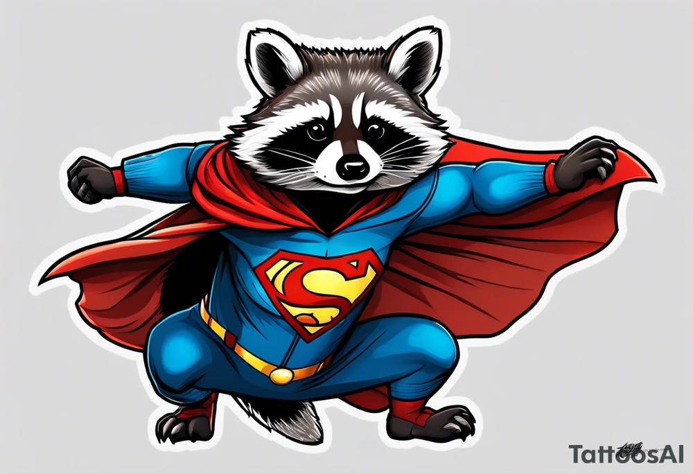 raccoon wearing a Superman hoodie tattoo idea