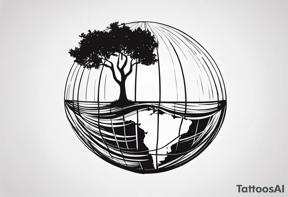 minimalistic, fine line tattoo, very few lines only, showing a globe growing out of a tree stem, symbolizing the love for traveling and experiencing the world and new cultures but not forgetting about the roots of family and friends who I am very grateful for tattoo idea