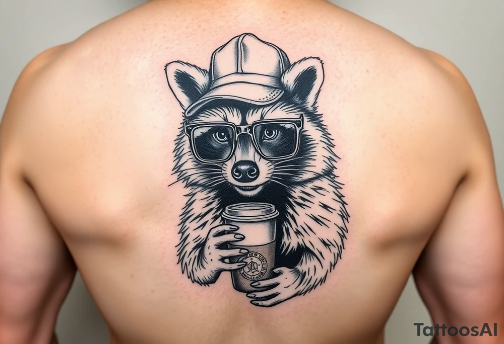 Full body Raccoon with thick square glasses,trucker hat, and iced coffee tattoo idea