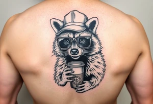 Full body Raccoon with thick square glasses,trucker hat, and iced coffee tattoo idea