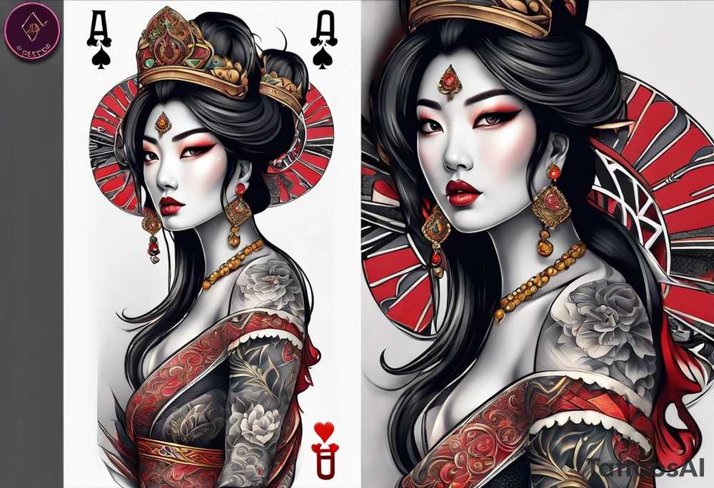 Asian Queen Of Spades sleeve tattoo idea