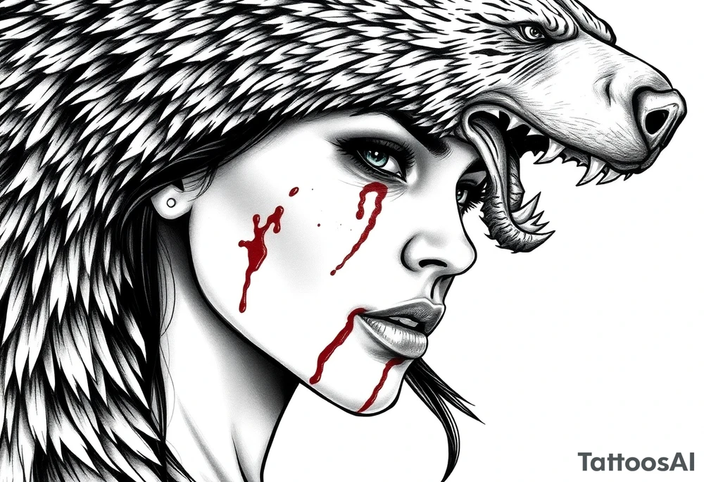Beautiful Woman with battle scars and blood on face wearing dead bear on head tattoo idea