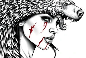 Beautiful Woman with battle scars and blood on face wearing dead bear on head tattoo idea