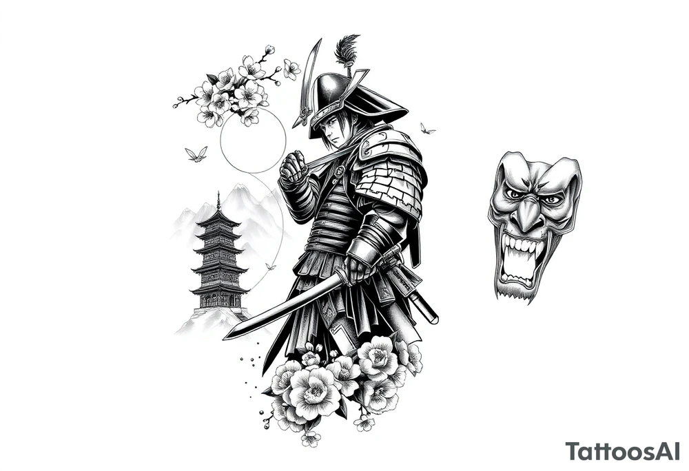 Design an all-black full arm sleeve tattoo featuring a Japanese samurai in full armor with a katana, positioned dynamically. Surrounding the samurai are flowing cherry blossoms, a misty mountain range, and traditional Japanese structures like a pagoda. On the inner forearm, include a detailed Oni mask with sharp features and exaggerated shading. Use dark, dense black ink to create depth, with smooth transitions between the elements, blending the samurai, blossoms, mask, and mountains into a cohesive, flowing design tattoo idea