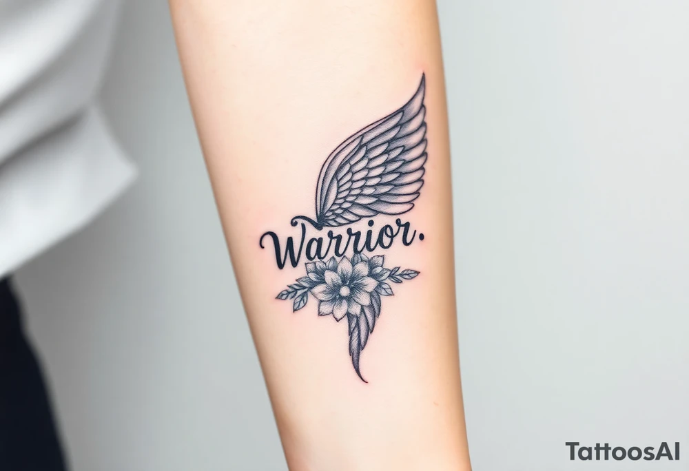 angel wing with word "Warrior" surrounded with flowers tattoo idea