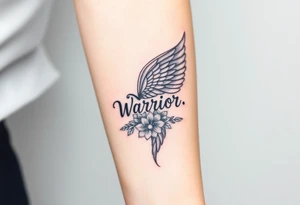 angel wing with word "Warrior" surrounded with flowers tattoo idea