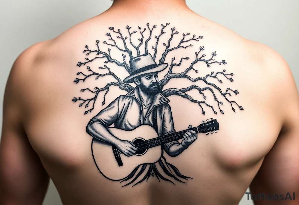 Man with hat
 playing acoustic guitar underneath tree of life concept style tattoo idea