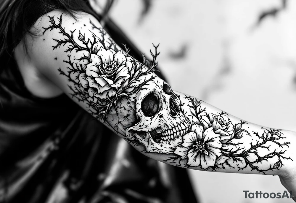 ornate skull adorned with crown of wild roses and thorns tattoo idea