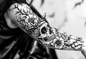 ornate skull adorned with crown of wild roses and thorns tattoo idea