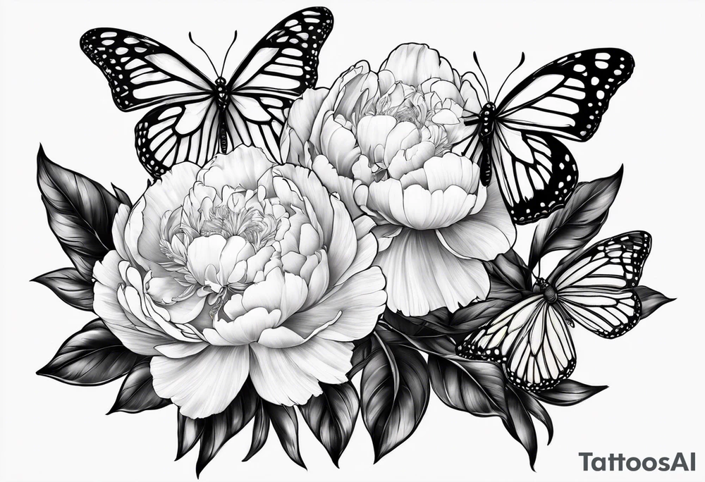 3 peonies with butterfly tattoo idea