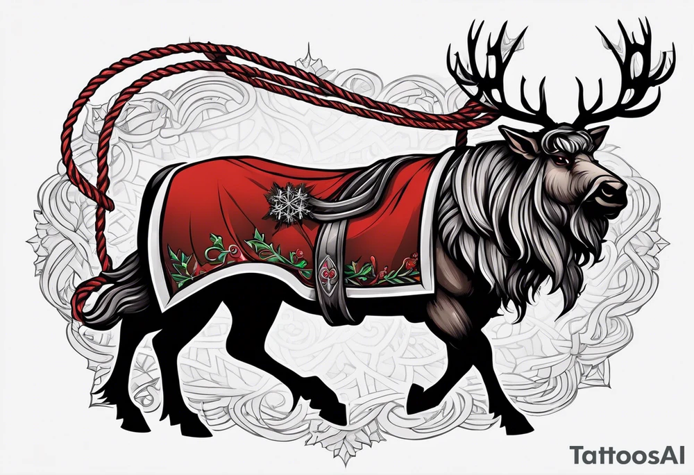 There will be a rope going down from it 
To which Santa Claus's sleigh is tied, but in the sleigh with reindeer there will be a krampus instead of a grandfather and they will be surrounded by a large snowflake tattoo idea