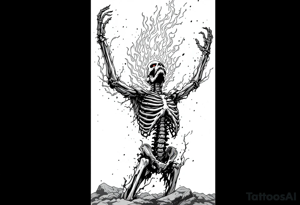 Flaming satan skeleton reaching up bith arms to heaven tattoo idea