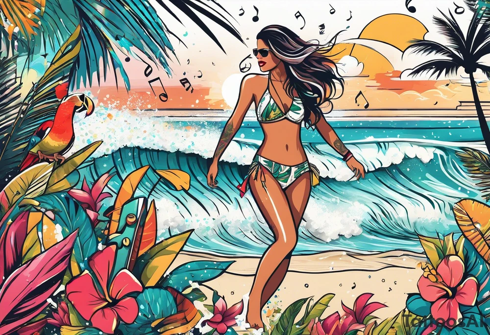 SURFING SAFARI BEACH DANCE 
PARTY WITH CONFETTI AND MUSIC NOTES, TROPICAL DRINKS, SEXY BIKINIS tattoo idea