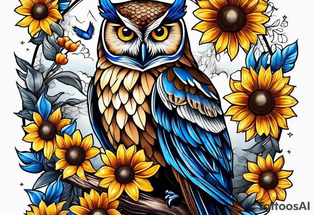 A lower forearm sleeve full colour owl with honeycomb background with blue Jay's, chickadees, sunflowers, honeysuckle, sweet peas tattoo idea