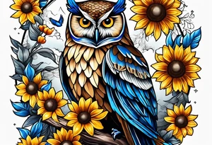 A lower forearm sleeve full colour owl with honeycomb background with blue Jay's, chickadees, sunflowers, honeysuckle, sweet peas tattoo idea