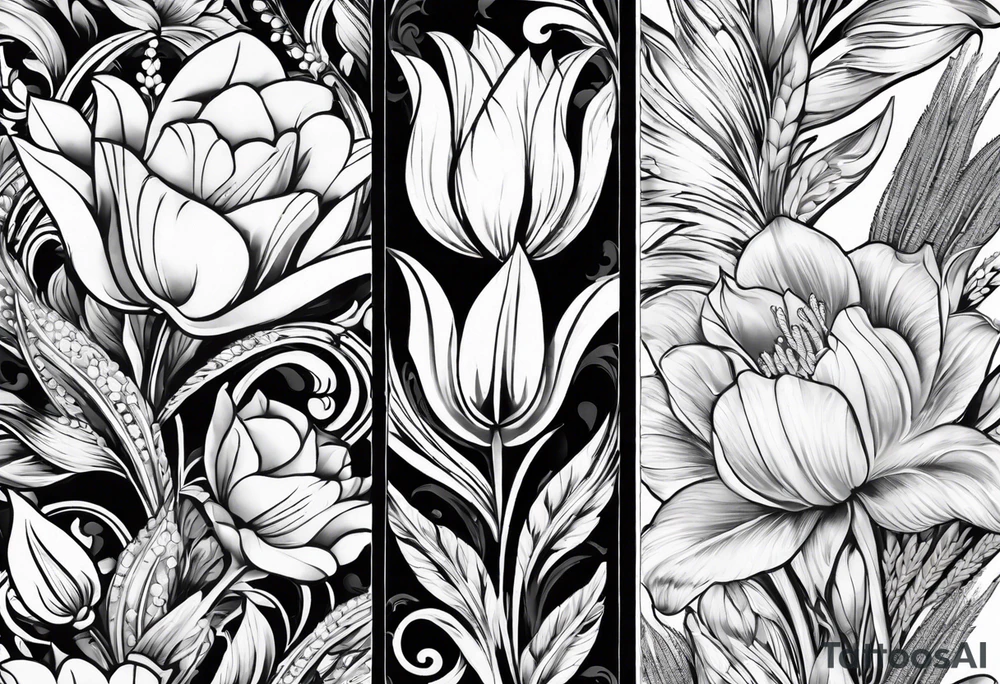 Vertical floral arm sleeve with wheat and dragonflower and florals and tulips lilly tattoo idea