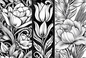 Vertical floral arm sleeve with wheat and dragonflower and florals and tulips lilly tattoo idea