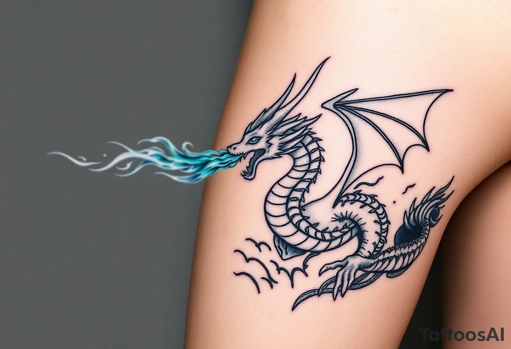 fierce dragon breathing iridescent fire against stormy skies tattoo idea