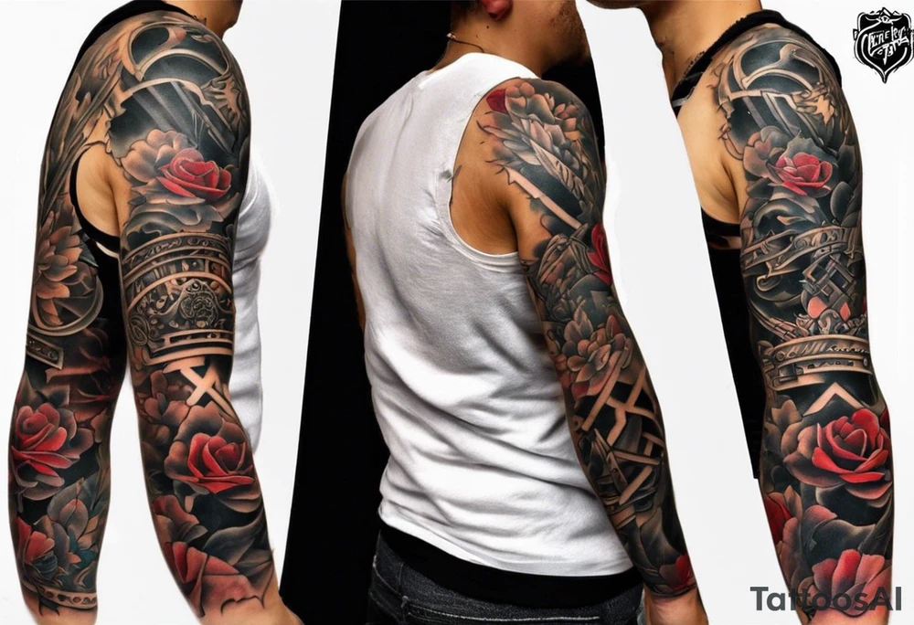 Ok so on my forearm I was wanting like a nitrous bottle with a line going into my veins and like lines weaving in and out of my veins all the way up to my chest and have a turbo heart on my left peck but on the I was also wanting brother hood embedded on the lines tattoo idea