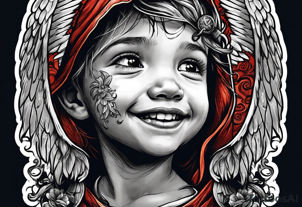 Kid smiling looking up at angel of death tattoo idea