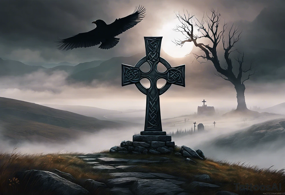 A stone Celtic cross solemnly standing atop a hill, a raven perches atop the cross staring out over the desolation. A ruined stone wall lies crumbling near the cross. Mist rolls along the hilltops adding to the melancholic nature of the scene. tattoo idea