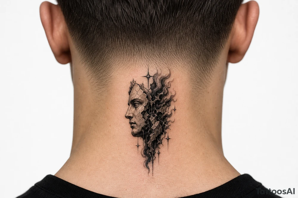 Black and grey tattoo design of a broken marble statue face split down the middle, side view profile, realistic shattered porcelain effect, dark wispy smoke and liquid pouring out of the cracks, Chicano tattoo shading, heavy blackwork background, sharp 4-point sparkle stars, high contrast, clean white background, detailed tattoo stencil style on side neck tattoo idea