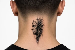 Black and grey tattoo design of a broken marble statue face split down the middle, side view profile, realistic shattered porcelain effect, dark wispy smoke and liquid pouring out of the cracks, Chicano tattoo shading, heavy blackwork background, sharp 4-point sparkle stars, high contrast, clean white background, detailed tattoo stencil style on side neck tattoo idea