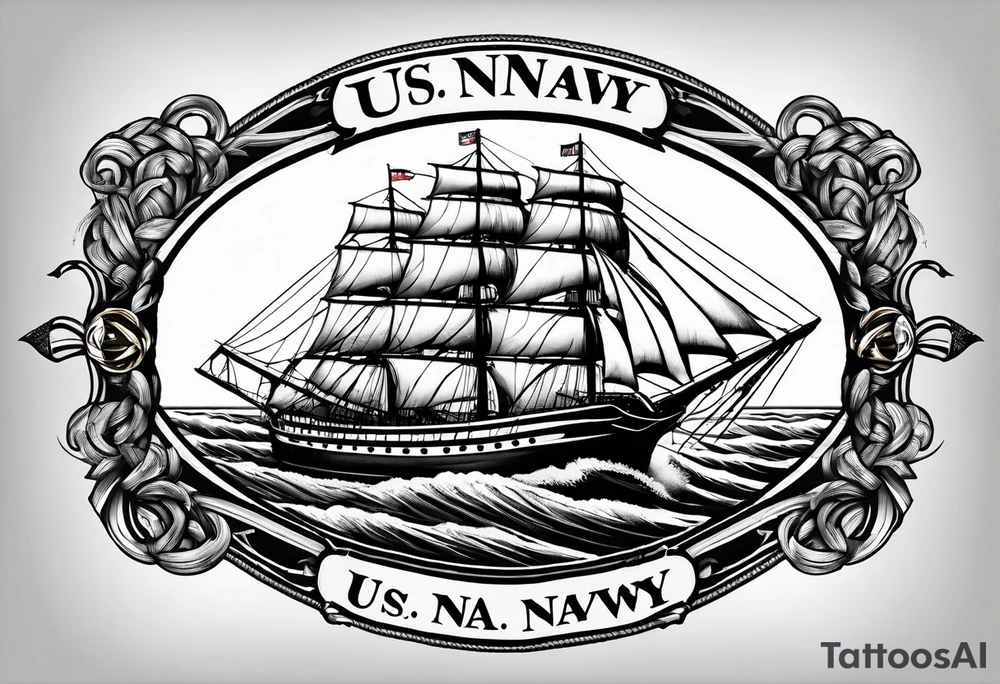 sailing ship in rough seas in oval with rope border super imposed over crossed cannons with banner that says US Navy tattoo idea