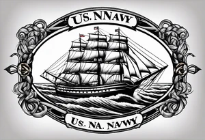 sailing ship in rough seas in oval with rope border super imposed over crossed cannons with banner that says US Navy tattoo idea