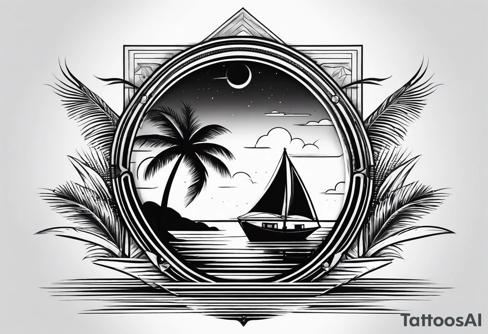 Clean lines palm tree boat sun tattoo idea