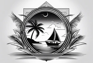 Clean lines palm tree boat sun tattoo idea