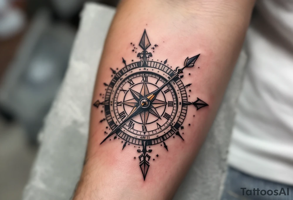 rustic compass/clock with a full-length arrow saying "Isaiah 40:31" tattoo idea