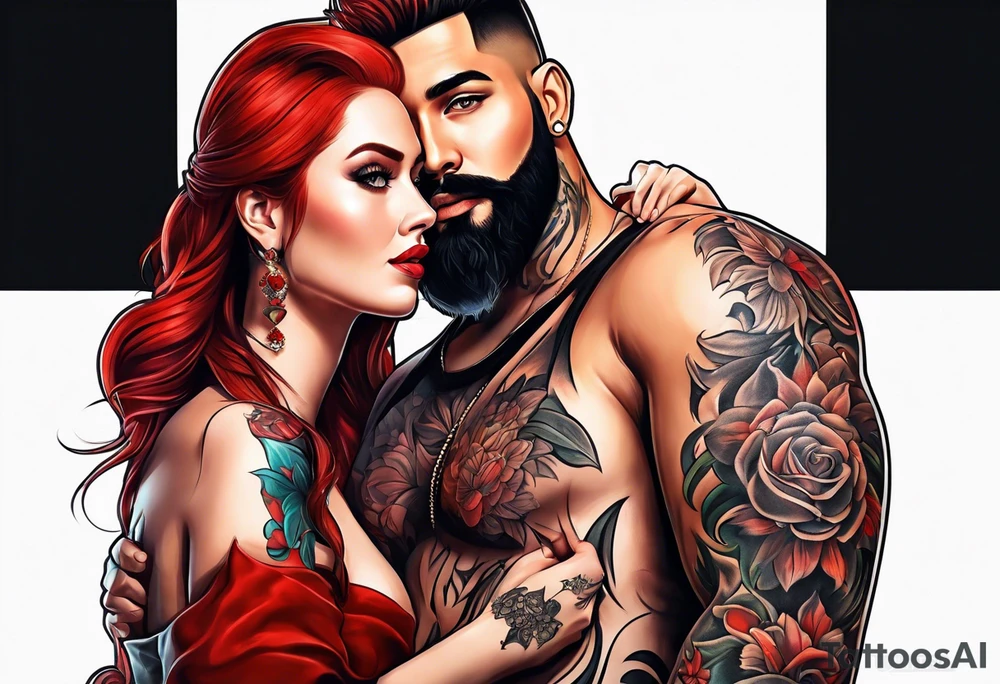 Busty red haired woman with a bearded man who has black hair tattoo idea