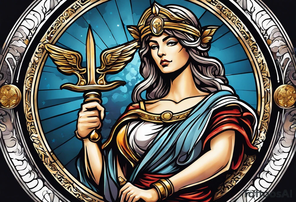 Iustitia is the Roman goddess personifying justice,(a sword ready to strike the guilty) is a symbol.The scale is a symbol of measurement, consideration, judgment, judgment, balance, balance, justice, and smart insight,Blindfold tattoo idea
