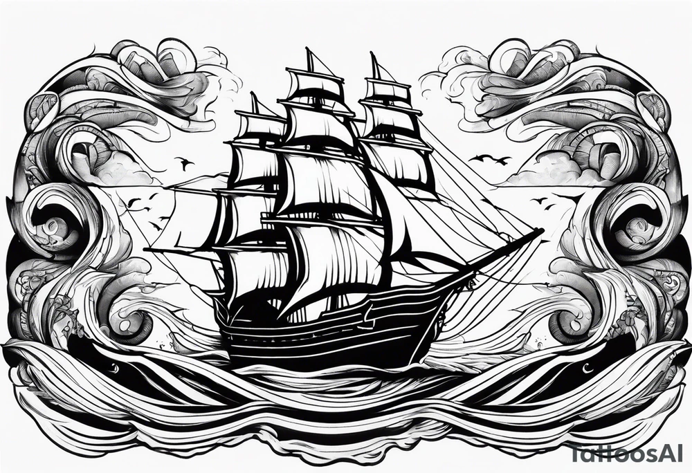 Black pearl pirate ship with waves tattoo idea