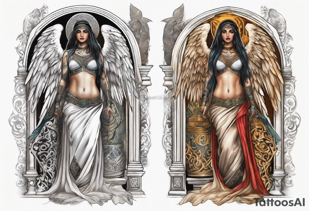 Middle eastern angel on a balcony tattoo idea