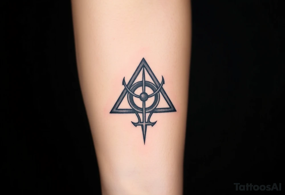 A gothic-style Deathly Hallows symbol, merged with the Dark Mark in an ominous fusion tattoo idea