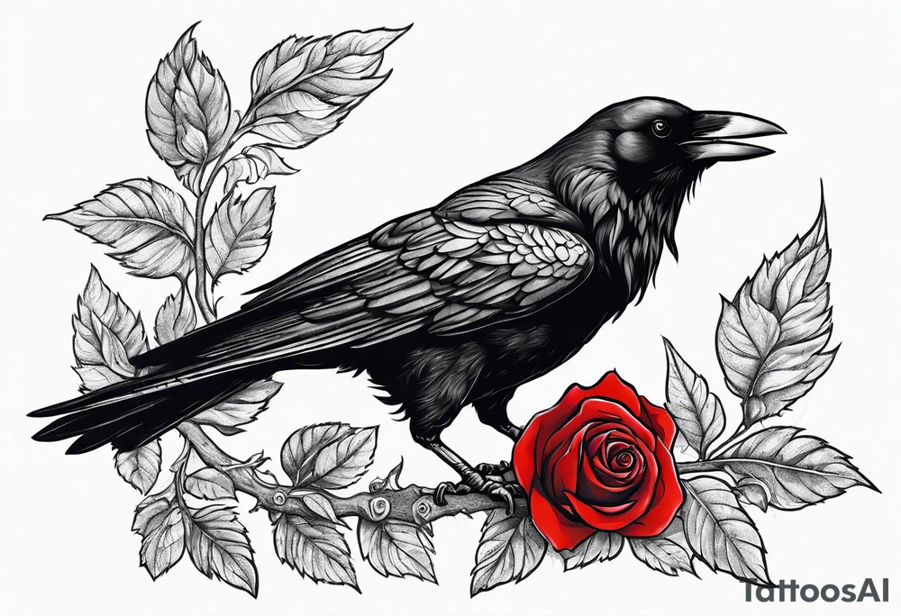 Crow standing holding a red rose tattoo idea