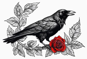 Crow standing holding a red rose tattoo idea