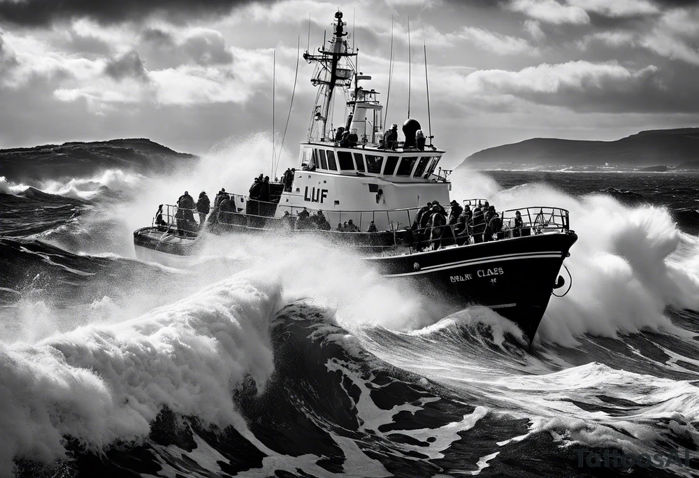 d class rnli on raging sea in cornwall tattoo idea