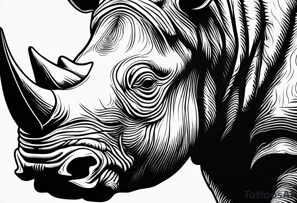 A front-facing rhino head with a sharp elongated tusk that is angry and fierce. Ears pointed straight up and forward a bit. Eyes that pierce your soul. A snarling jowel tattoo idea