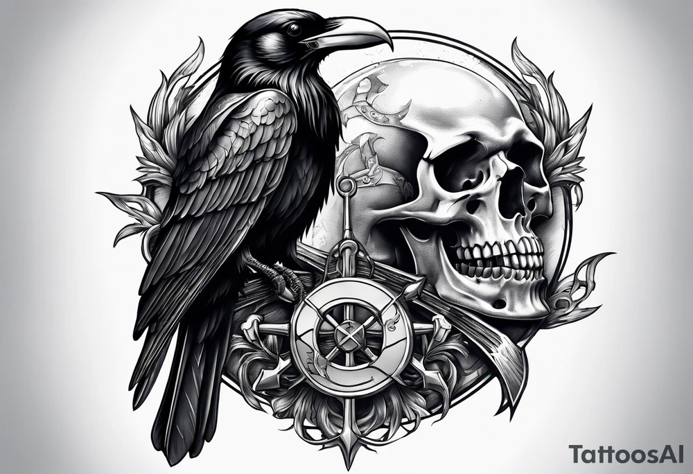 Raven holding skull in claw,and scythe in the shape of anchor tattoo idea