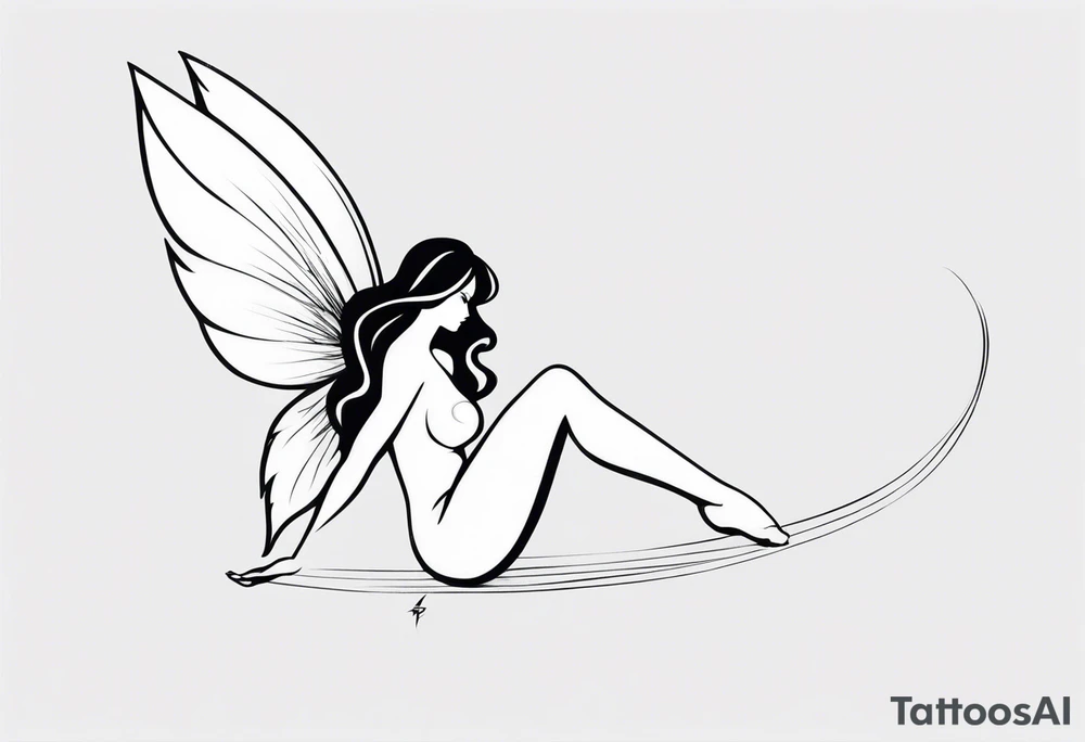 Minimalistic, monochromatic fairy with a tail flying to the left in a fetal position, leaning and looking in the same direction, with visible hands, embodying the 'Fairy Tail' logo aesthetic. tattoo idea