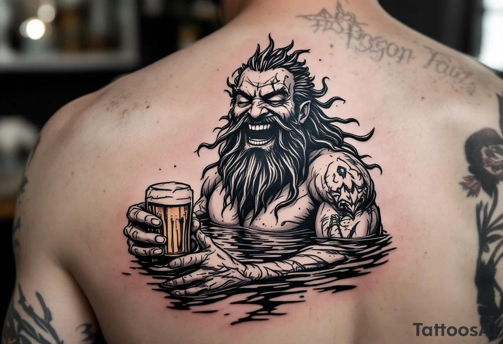 laughing poseidon, with a trident, in calm water, holding a beer tattoo idea