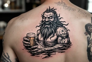 laughing poseidon, with a trident, in calm water, holding a beer tattoo idea